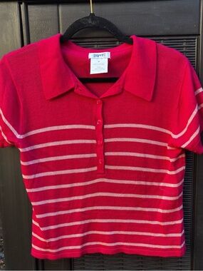 Vintage Espirit Polo Knit Shirt Sweater Striped Pink Size Medium Short Sleeve